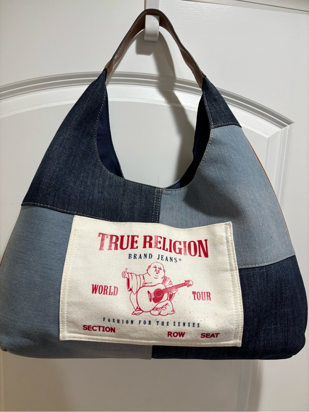 True Religion Navy Denim Crossbody with Brown Leather Logo Patch
